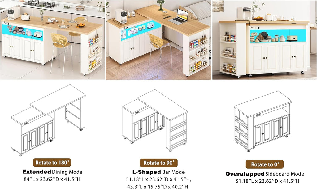 84'' Rolling Kitchen Island with Swivel Table, Kitchen Cart with LED Lights, Power Outlet, Movable Storage Cabinet with Side Tabletop on Wheels, for Kitchen, Living Room, Home Bar, White