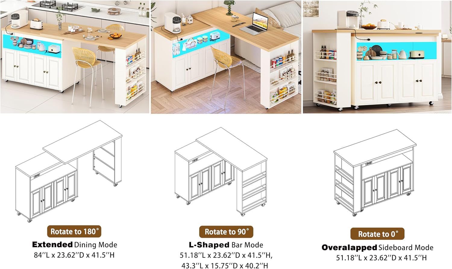 84'' Rolling Kitchen Island with Swivel Table, Kitchen Cart with LED Lights, Power Outlet, Movable Storage Cabinet with Side Tabletop on Wheels, for Kitchen, Living Room, Home Bar, White