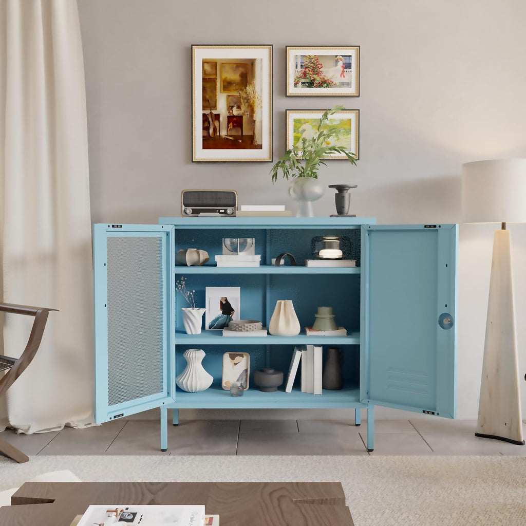 Blue Metal Storage Cabinet with Lock 3-Tier Freestanding Locker Organizer with Mesh Ventilated Door Multipurpose Accent Cabinet Locker Adjustable legs For Hallway, Living Room, Entryway, Home Office