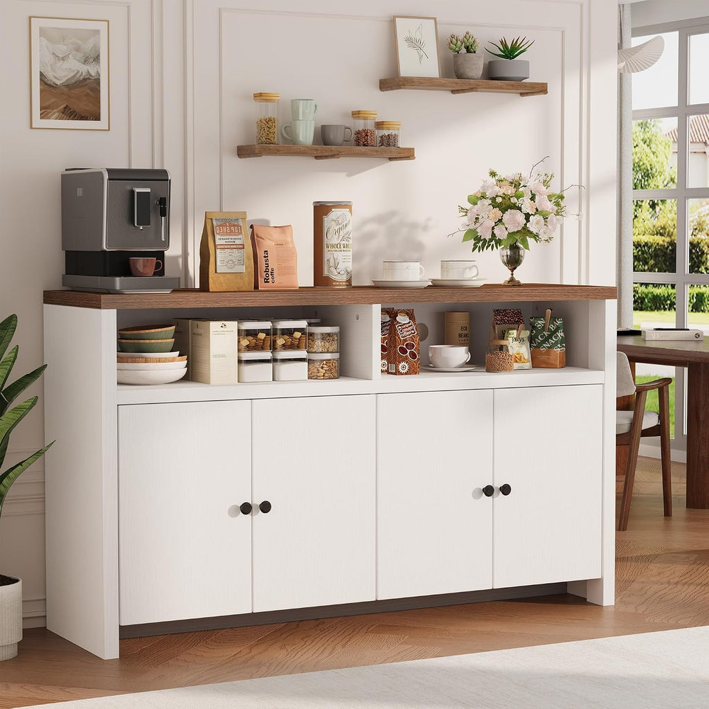 Garvee Sideboard Buffet Cabinet with Storage, 55'' Large Farmhouse Kitchen Storage Cabinet with 4 Doors & Adjustable Shelves, Wood Coffee Bar Cabinet for Dining Room, Entryway, Living Room, White