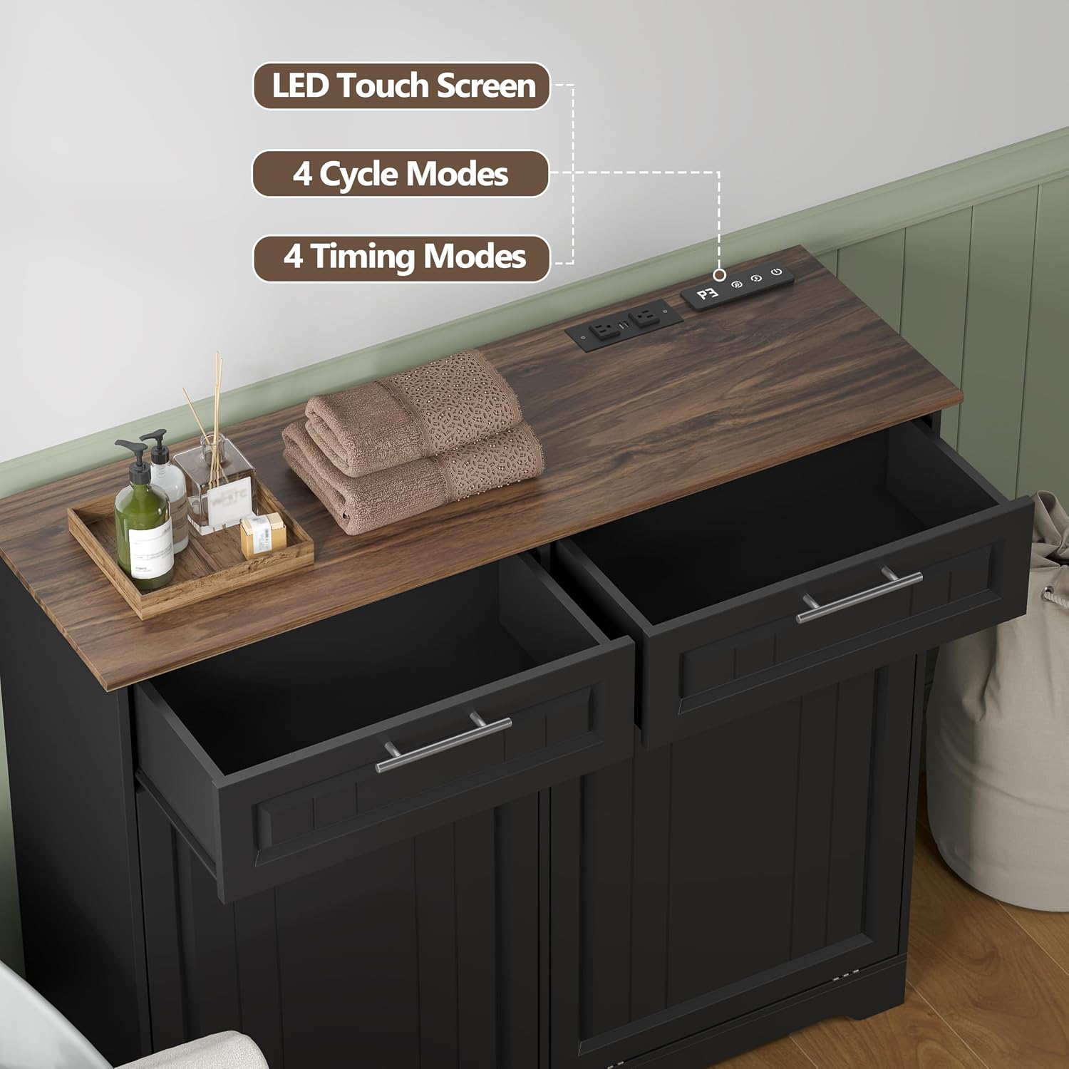 2 x 10 Gallon Double Tilt Out Trash Can Cabinet with Deodorizing Function & Charging Station, Hidden Laundry Hamper Cabinet with Storage Drawers, Garbage Can Holder for Kitchen, Bathroom, Black
