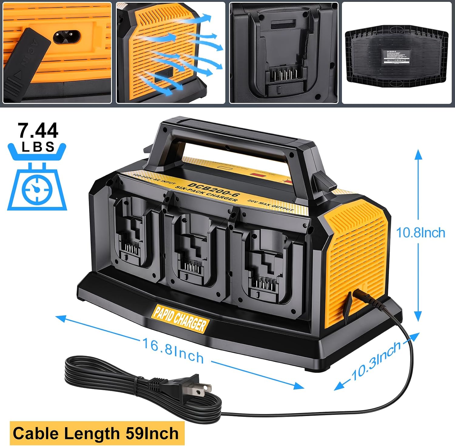 Adisipsoarin Super Battery Charger for Dewalt 20v Battery, 6-Ports Simultaneous Rapid Charger Station Compatible with Dewalt 20v Lithium Ion Battery and Tools DCB104 Charger