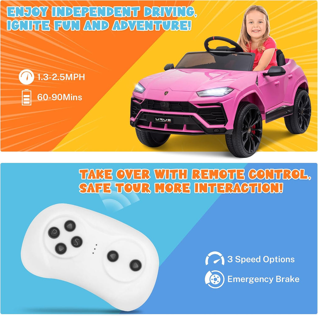 ENYOPRO 12V Licensed Lamborghini Urus Ride On Car, Electric SUV Car Power Wheel Toy w/Parent Remote Control, Music Player, FM Radio, LED Headlights, Soft Start, 2.5MPH Max Speed for Kids (Pink)