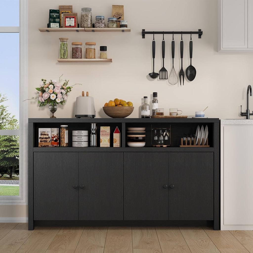 Garvee Buffet Sideboard with Storage, 4 Doors & Adjustable Shelves, 55'' Large Farmhouse Kitchen Storage Cabinet Wood Coffee Bar Cabinet for Kitchen, Dining Room, Entryway, Living Room, Black