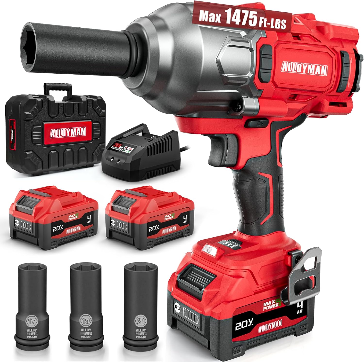 Alloyman Cordless Impact Wrench, 1475Ft-lbs (2000N.m) 1/2 High Torque Brushless Impact Gun, 20V Power Impact Driver, 2*4000mAh Battery,3 Sockets, Brushless Motor Variable Speeds for Car/Truck RV/Mower