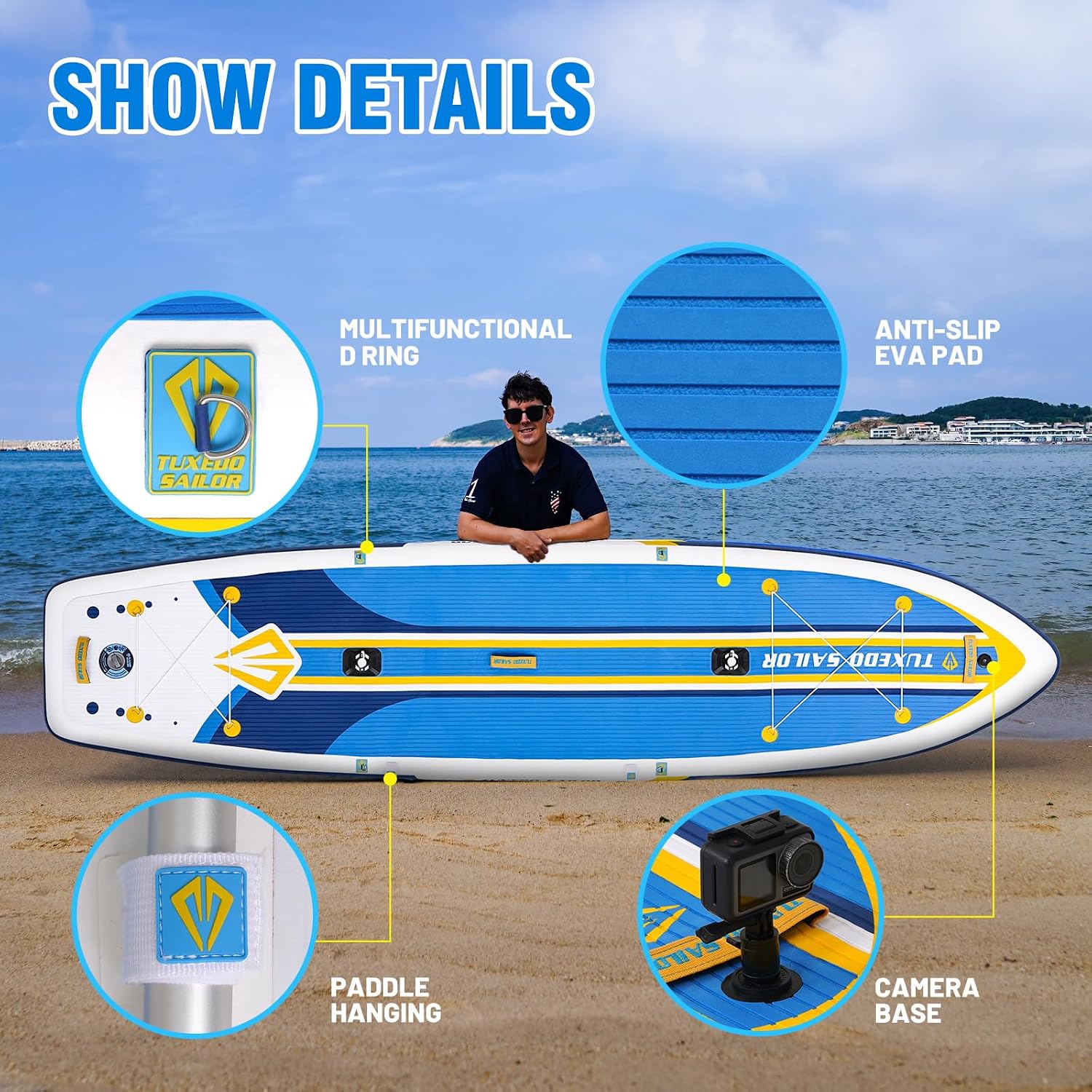 Tuxedo Sailor Large Size Inflatable Fishing Kayak 12'×34'×6' Ultra-Light Paddle Board, Stand Up Paddle Board Complete Accessories, Fishing Support Bases, Kayak Seat etc