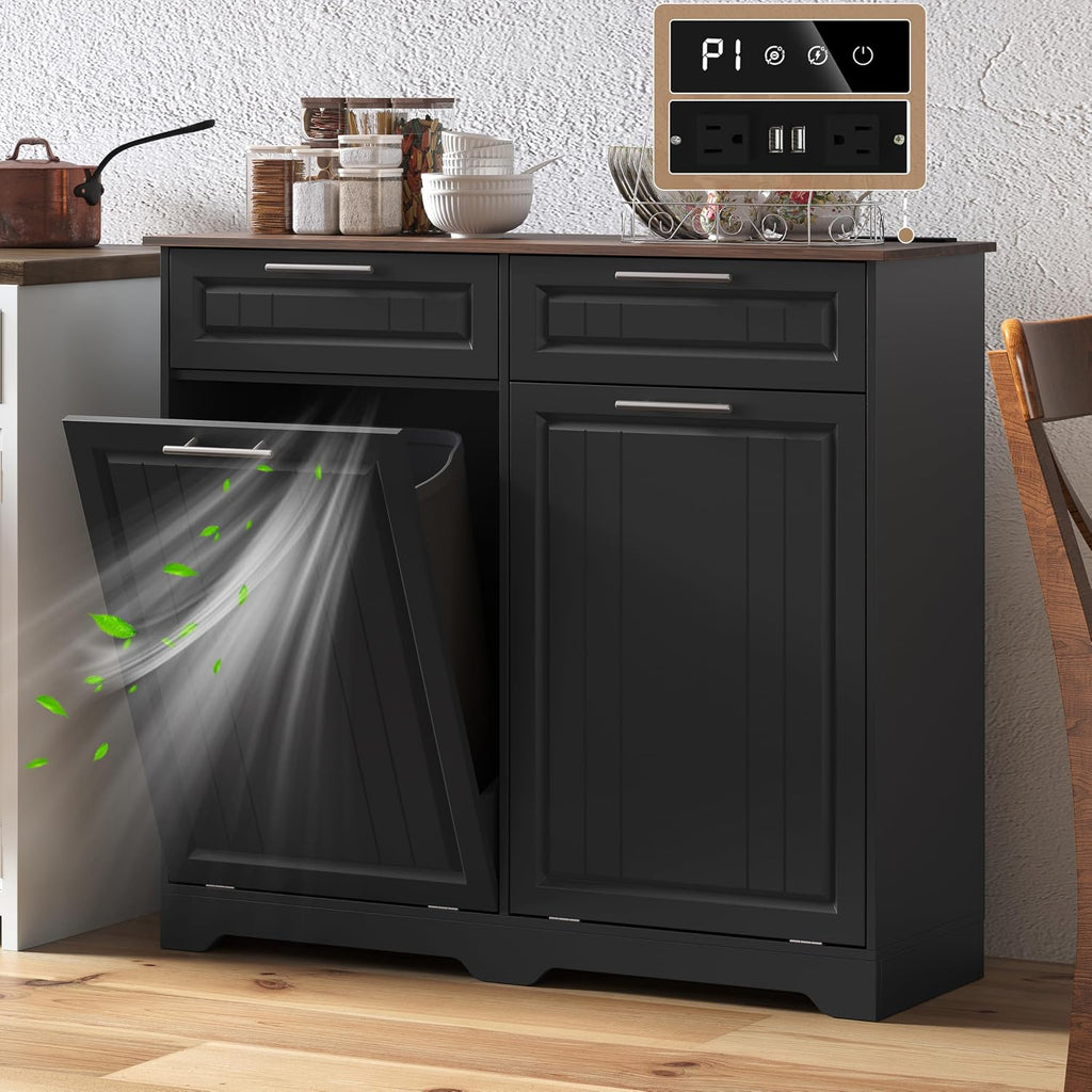 2 x 10 Gallon Double Tilt Out Trash Can Cabinet with Deodorizing Function & Charging Station, Hidden Laundry Hamper Cabinet with Storage Drawers, Garbage Can Holder for Kitchen, Bathroom, Black