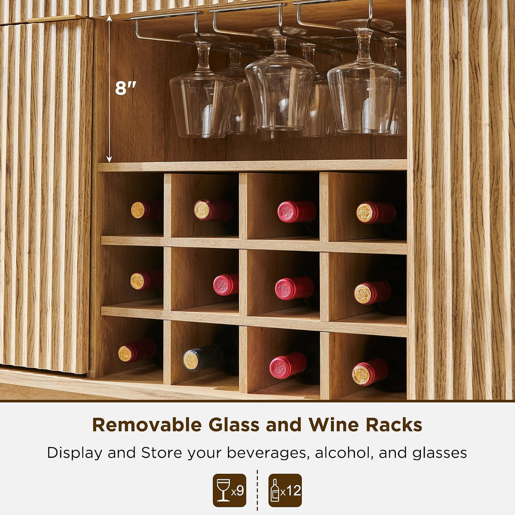 OKD 60' Fluted Wine Bar Cabinet, Mid-Century Modern Sideboard, Natural Oak | 3 Spacious Drawers, 3 Stemware Racks, 12 Wine Racks, Tapered Wood Legs, Adjustable Shelves, Sideboard Storage