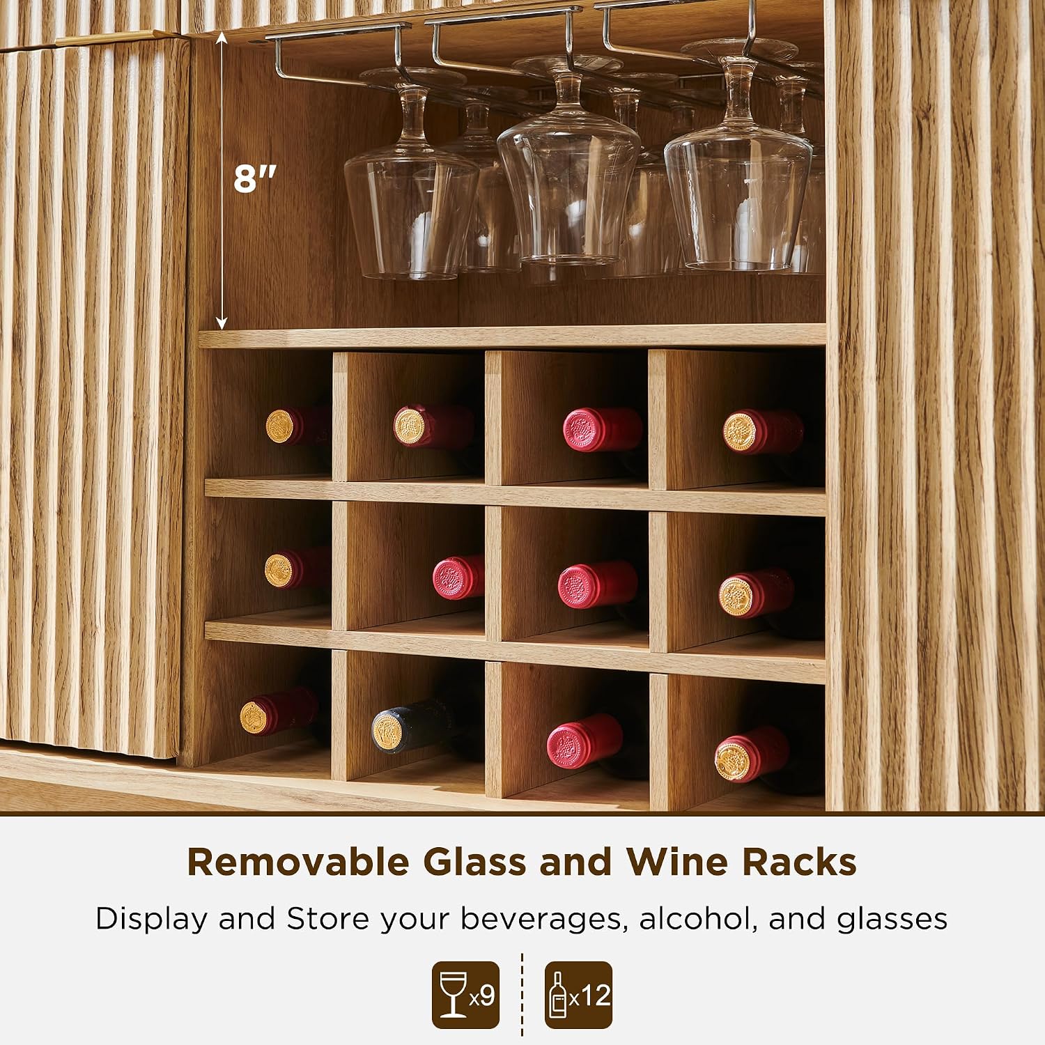 OKD 60' Fluted Wine Bar Cabinet, Mid-Century Modern Sideboard, Natural Oak | 3 Spacious Drawers, 3 Stemware Racks, 12 Wine Racks, Tapered Wood Legs, Adjustable Shelves, Sideboard Storage