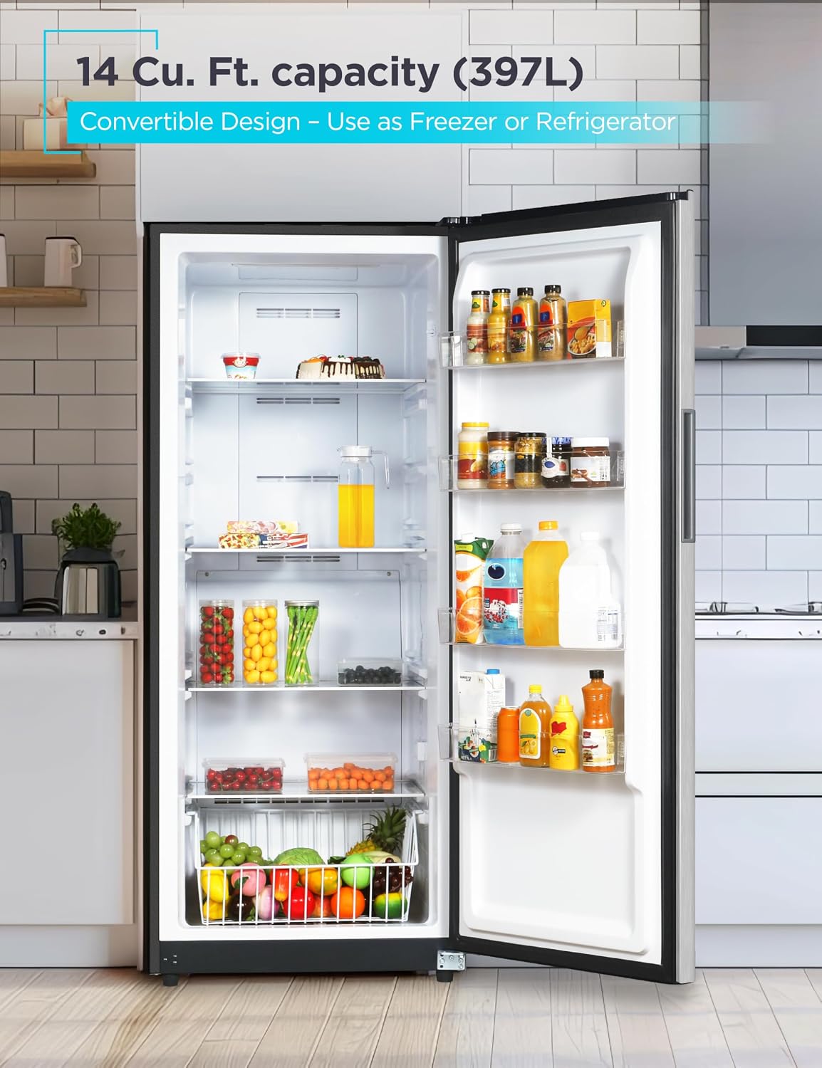 BLACK+DECKER 14 Cu. Ft. Convertible Freezer Refrigerator, Upright Freezer with Glass Shelves, ENERGY STAR rated, Frost Free, BUC1400XS, Stainless Look