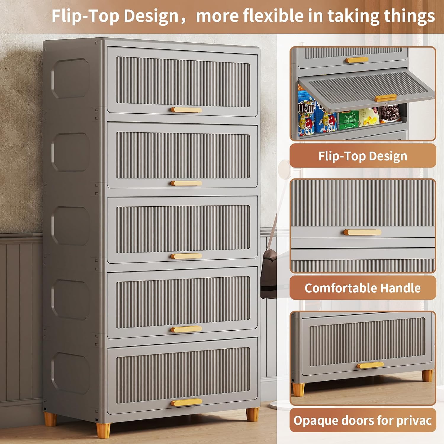5 Tier Large Storage Bins with 1 Lid, 250QT Closet Organizers and Storage, Drawers Flip Open Large Plastic Storage Containers for Living Room, Office, Dorm (5 Tiers)