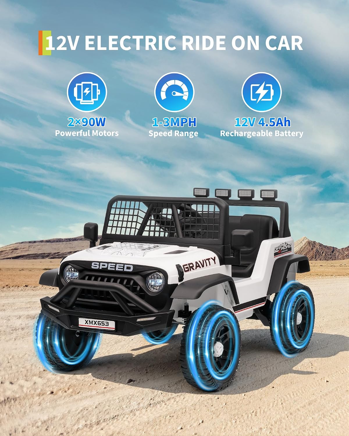 GarveeLife 12V Kids Electric Ride On Truck with Remote Control Ride On Toy for Toddler Boys & Girls Bluetooth Music Player LED Lights(White)
