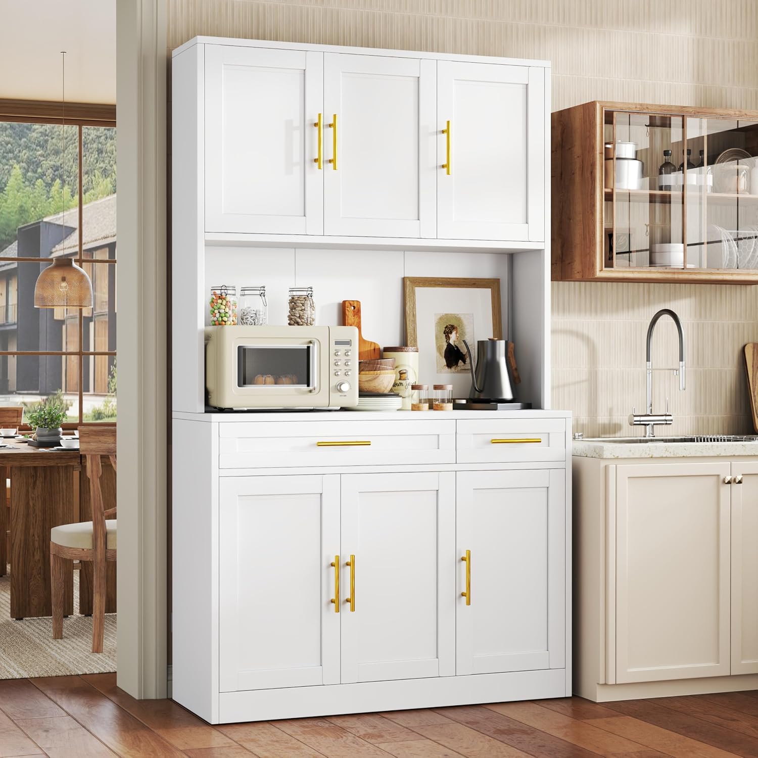 GAIOUS 71' Metal Kitchen Pantry Cabinet, Buffet Sideboard with Drawers | 6 Doors 4 Adjustable Shelves Open Countertop Charging Cable Hole Coffee Bar Cabinet Cupboard for Dining Living White