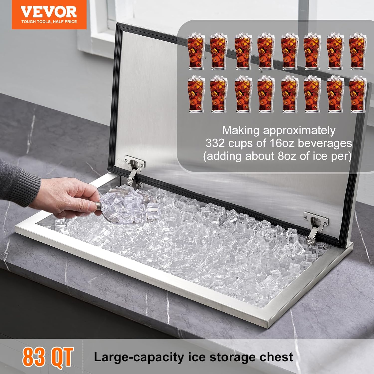 VEVOR Drop in Ice Chest, 24' L x 20' W x 15' H Stainless Steel Ice Cooler, Commercial Ice Bin with Hinged Cover, 40 qt Outdoor Kitchen Ice Bar, Drain-Pipe and Drain Plug Included, for Cold Wine Beer