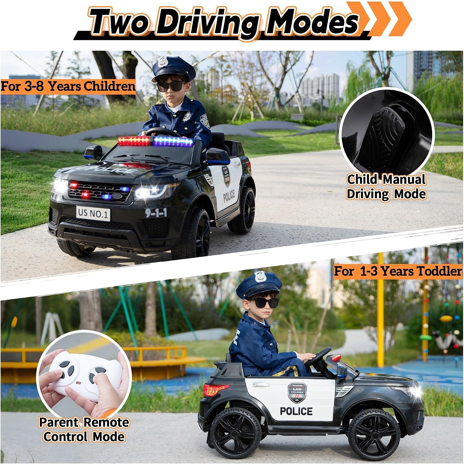 TOBBI Police Car Ride on Electric Car for Kids 1-8 to Drive Battery Powered 12V Ride-on Toys Cop Cars with Remote Control, Siren, Flashing Lights, Music, Spring Suspension, Carbon Black