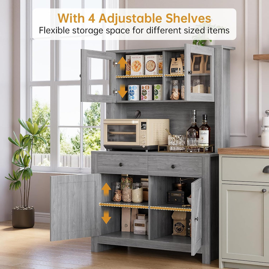 63' Tall Farmhouse Kitchen Pantry Cabinet with Microwave Stand, Freestanding Pantry Hutch Cabinet with Adjustable Shelves, Drawers & Countertop, Buffet Cupboard for Dining & Living Room Storage, Grey