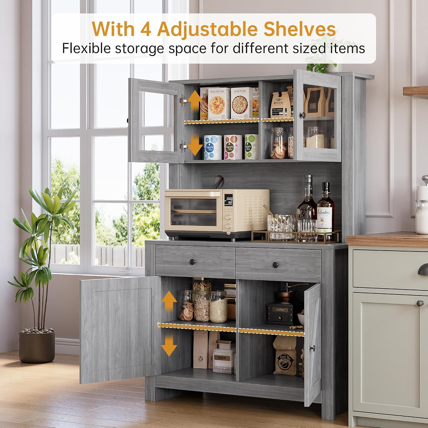 63' Tall Farmhouse Kitchen Pantry Cabinet with Microwave Stand, Freestanding Pantry Hutch Cabinet with Adjustable Shelves, Drawers & Countertop, Buffet Cupboard for Dining & Living Room Storage, Grey