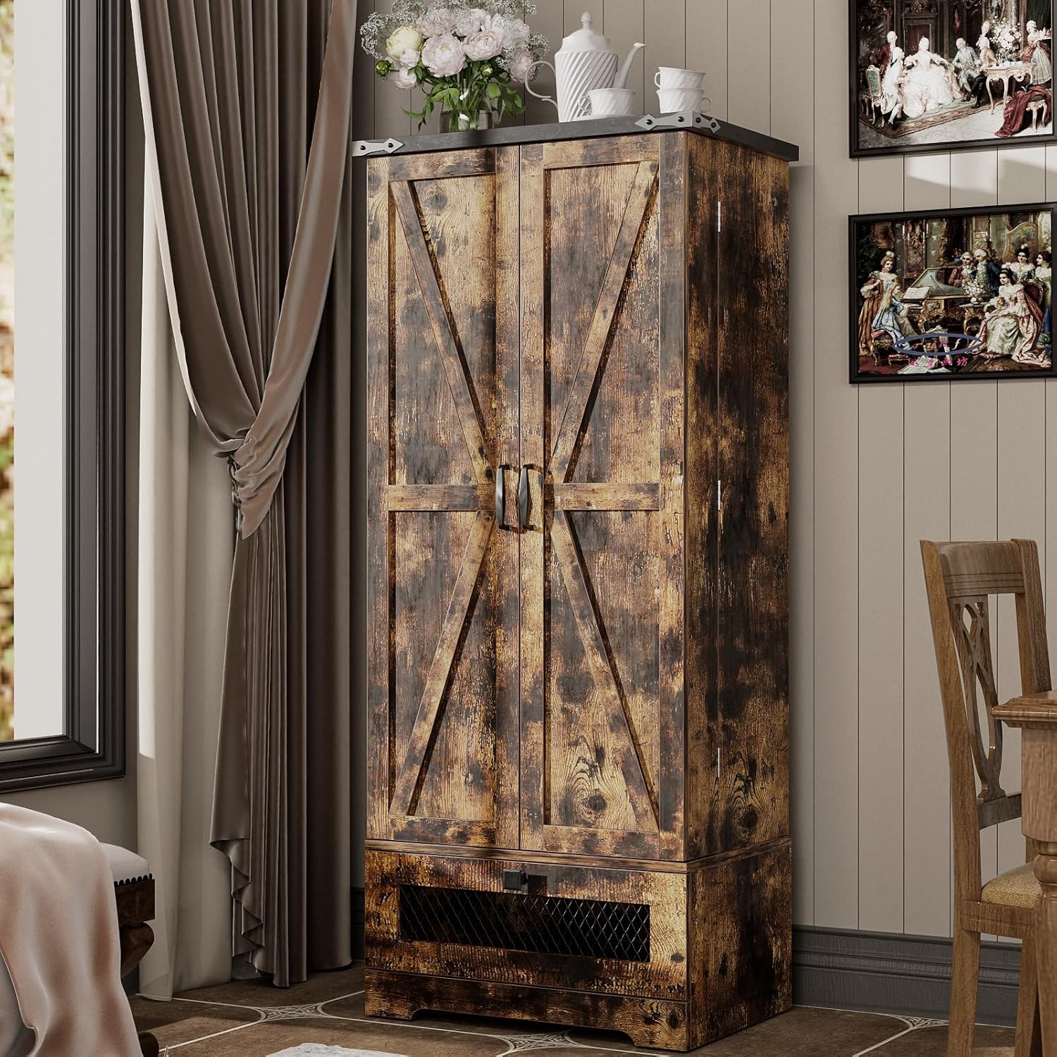 kepptory Pantry Cabinet with Adjustable Shelves and Drawer, Kitchen Cabinet Buffet Cupboards Storage for Home Office (Brown, 16' D x 24' W x 55' H)