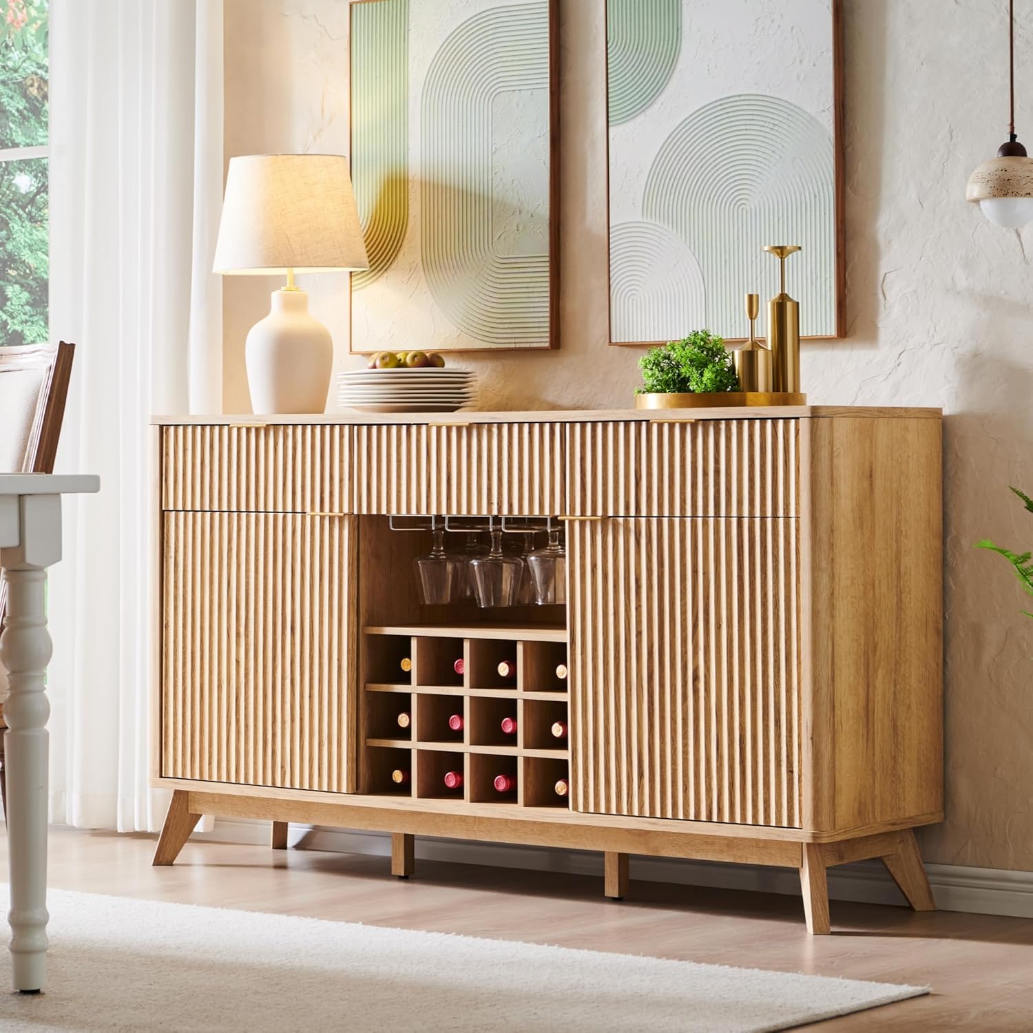 OKD 60' Fluted Wine Bar Cabinet, Mid-Century Modern Sideboard, Natural Oak | 3 Spacious Drawers, 3 Stemware Racks, 12 Wine Racks, Tapered Wood Legs, Adjustable Shelves, Sideboard Storage