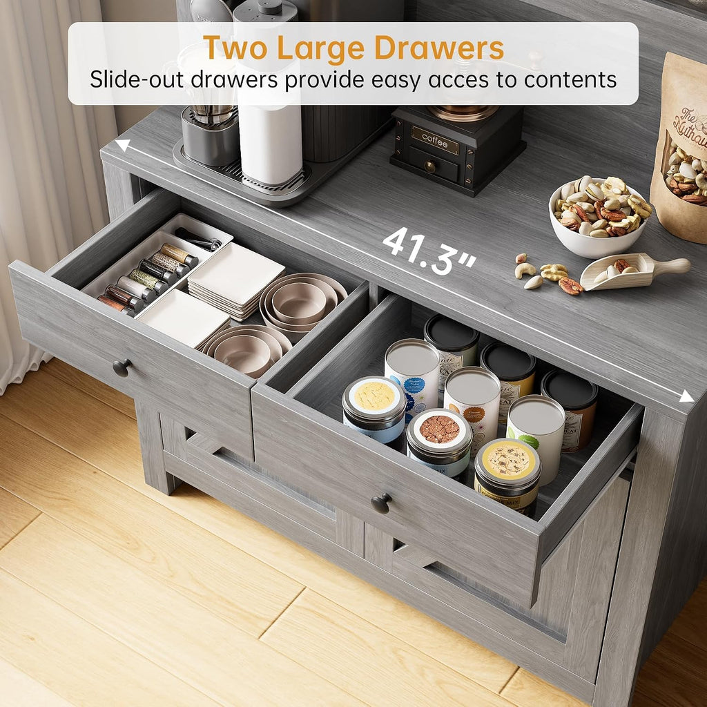 63' Tall Farmhouse Kitchen Pantry Cabinet with Microwave Stand, Freestanding Pantry Hutch Cabinet with Adjustable Shelves, Drawers & Countertop, Buffet Cupboard for Dining & Living Room Storage, Grey