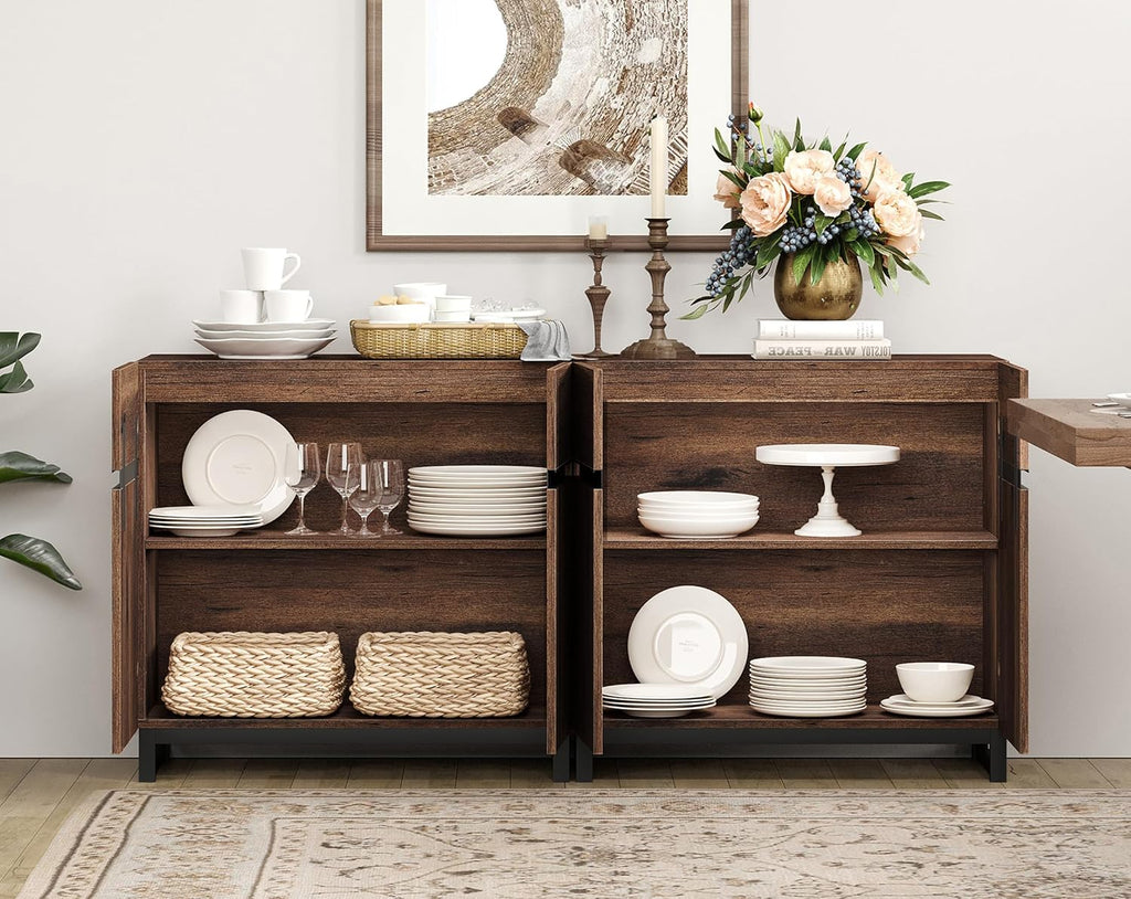 WAMPAT 2 in 1 Multifunctional Sideboard Buffet Cabinets, Modern Sideboard with Adjustable Shelf and Metal Base, Coffee Bar Cabinet Storage Cabinet for Living Room, Kitchen, Brown