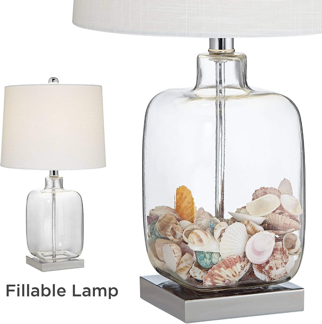 360 Lighting Coastal Country Style Accent 3-Way Table Lamp with Table Top Dimmer 21.75' High Clear Glass White Fabric Drum Shade for Living Room Bedroom House Bedside Nightstand Home Office Family