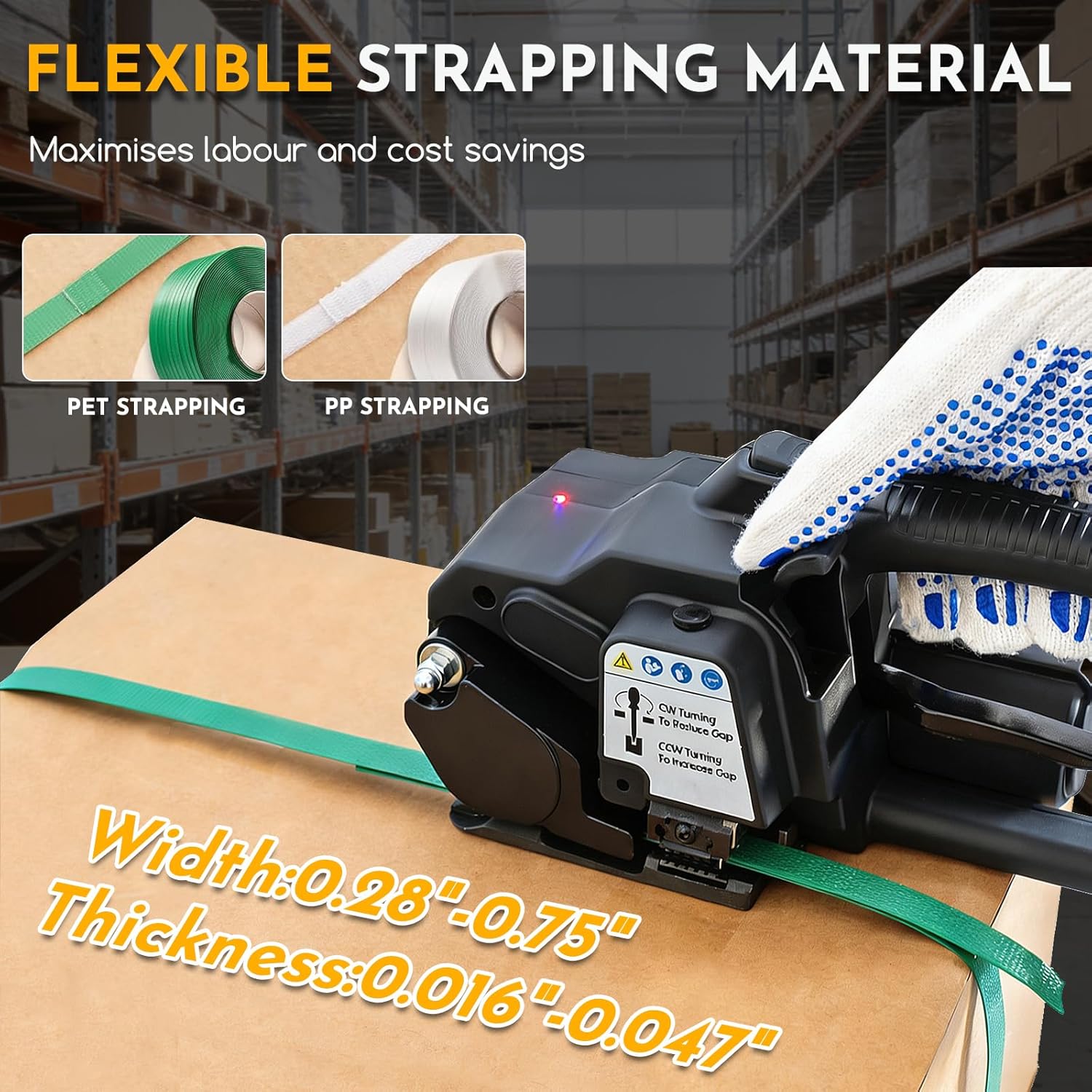 Cordless Electric Strapping Tool for PP/PET Straps, Adjustable Tension 3500N, Dual Battery Powered Handheld Banding Machine for Cartons, Pallets & Industrial Packaging
