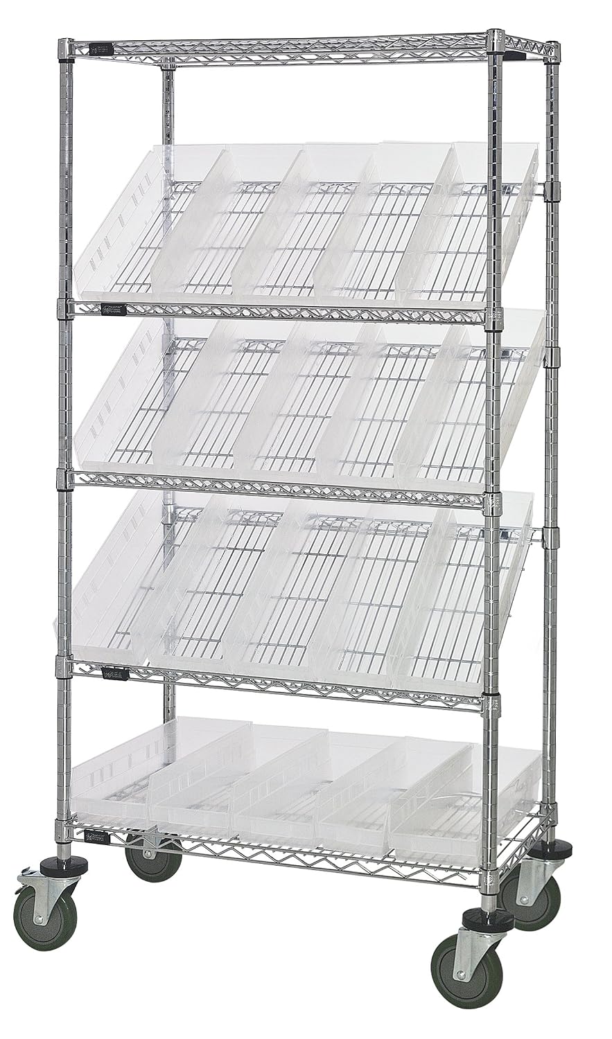 Quantum Storage Systems WRCSL5-63-1836-104CL 5-Tier Slanted Wire Shelving Suture Cart w/ 20 QSB104 Clear Shelf Bins, 2 Horizontal & 3 Slanted Shelves, Chrome Finish, 69' H x 36' W x 18' L