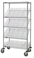 Quantum Storage Systems WRCSL5-63-1836-104CL 5-Tier Slanted Wire Shelving Suture Cart w/ 20 QSB104 Clear Shelf Bins, 2 Horizontal & 3 Slanted Shelves, Chrome Finish, 69' H x 36' W x 18' L