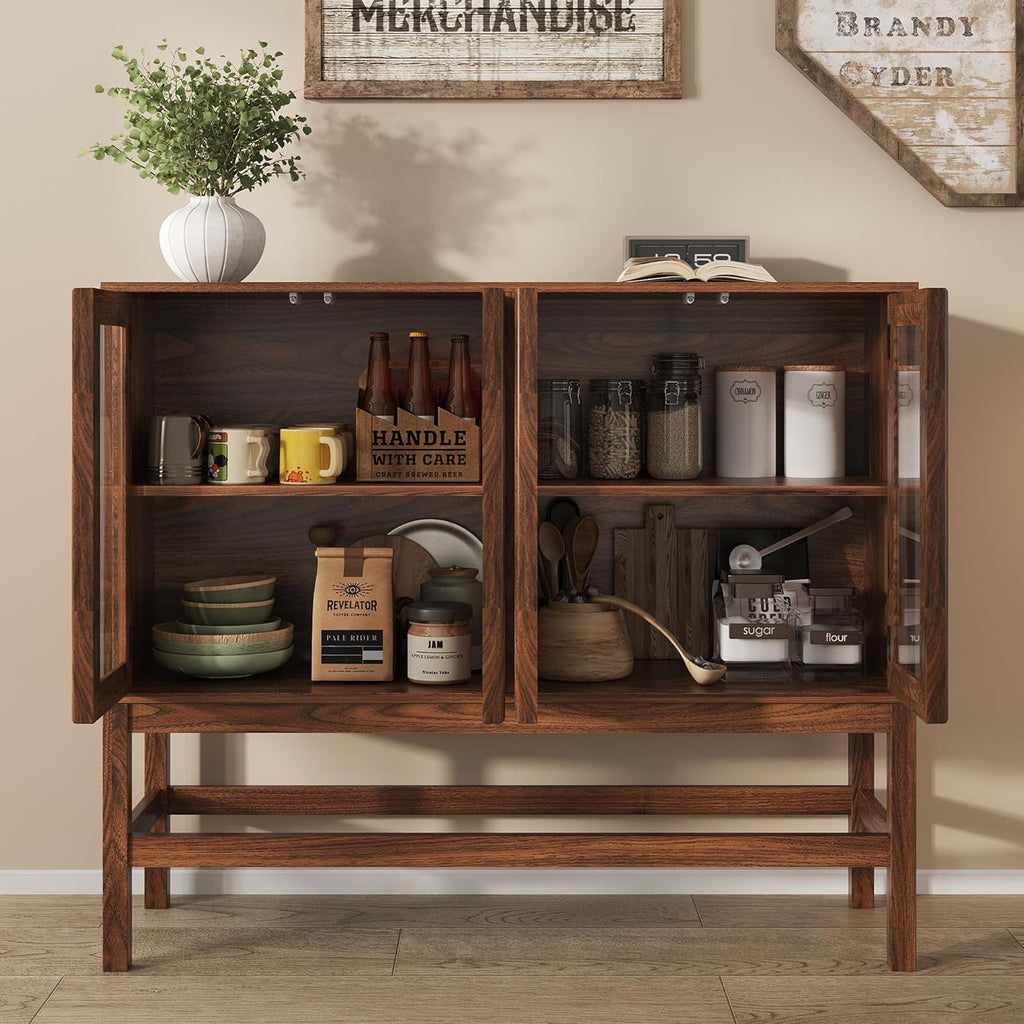 Sideboard Buffet Cabinet with Storage, Small Kitchen Coffee Wine Bar Cabinet with Glass Press-to-Open Doors, Wood Mid Century Modern Side Board Table for Dining Room, Living Room