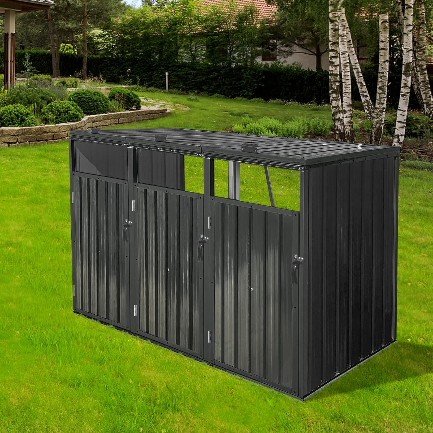 Garbage Can Storage Shed for 3 Trash Bins Outdoor Metal Bin Enclosure with Lockable Doors and Ventilation Weather-Resistant Steel Trash Can Hideaway with Lid and Spring Design for Patio Backyard Black