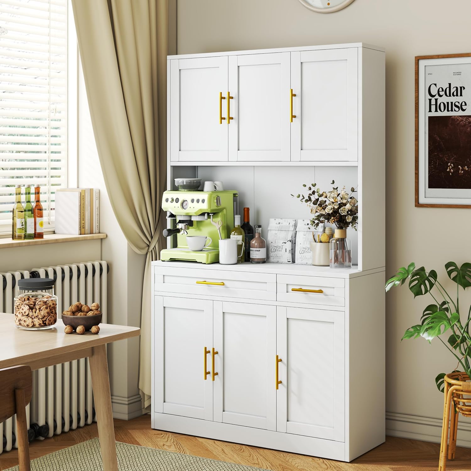 GAIOUS 71' Metal Kitchen Pantry Cabinet, Buffet Sideboard with Drawers | 6 Doors 4 Adjustable Shelves Open Countertop Charging Cable Hole Coffee Bar Cabinet Cupboard for Dining Living White