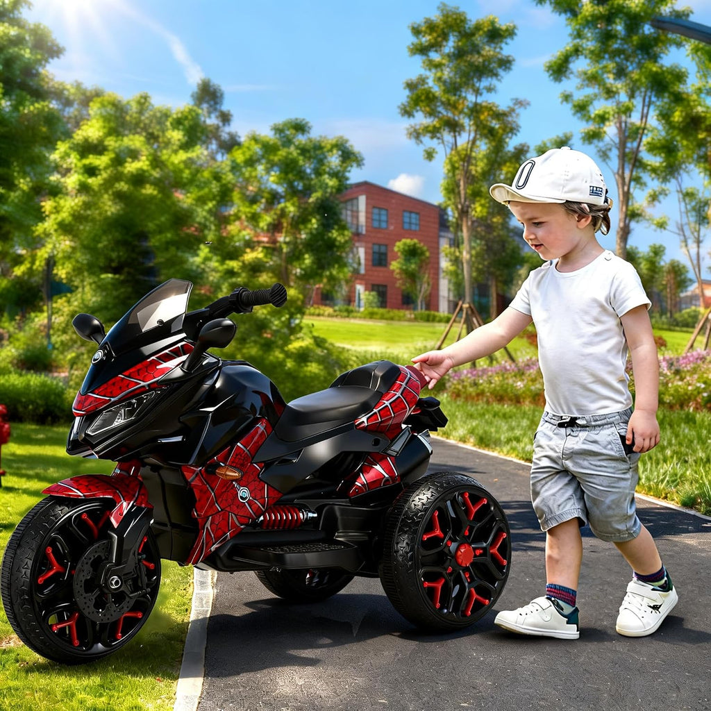 12V Kids Electric Motorcycle with Training Wheels | Plastic, PU seat, manual throttle, foot brake, USB, MP3, phone link, light-up wheels, ages 3-6, 45.3 W x 23.2 D x 28.7 H in