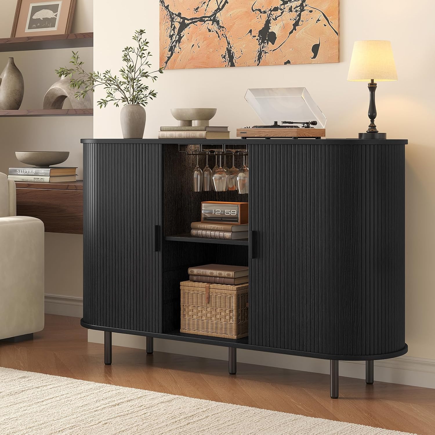 55 Inch Fluted Wine Bar Cabinet, Liquor Cabinet with LED Light, Coffee Bar Cabinets with Storage, Mid-Century Modern Sideboard Cabinet with Charge Station Wine Racks for Kithcen (Black)