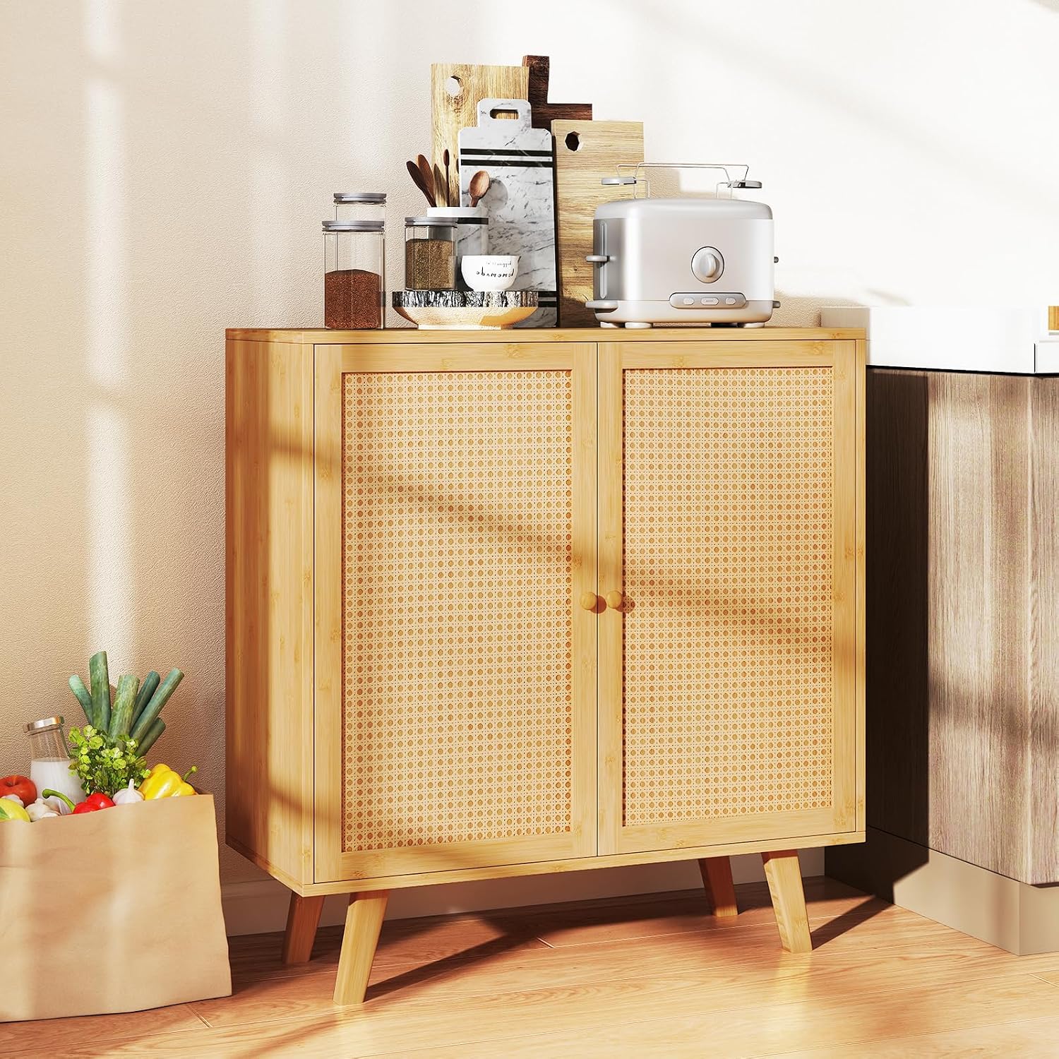 LOKO Bamboo Buffet Cabinet Set of 2, Boho Storage Sideboard with PE Rattan Doors, Freestanding Kitchen Cupboard, Coffee Bar Accent Cabinet for Living Room, Dining Room, Hallway, Natural (2)