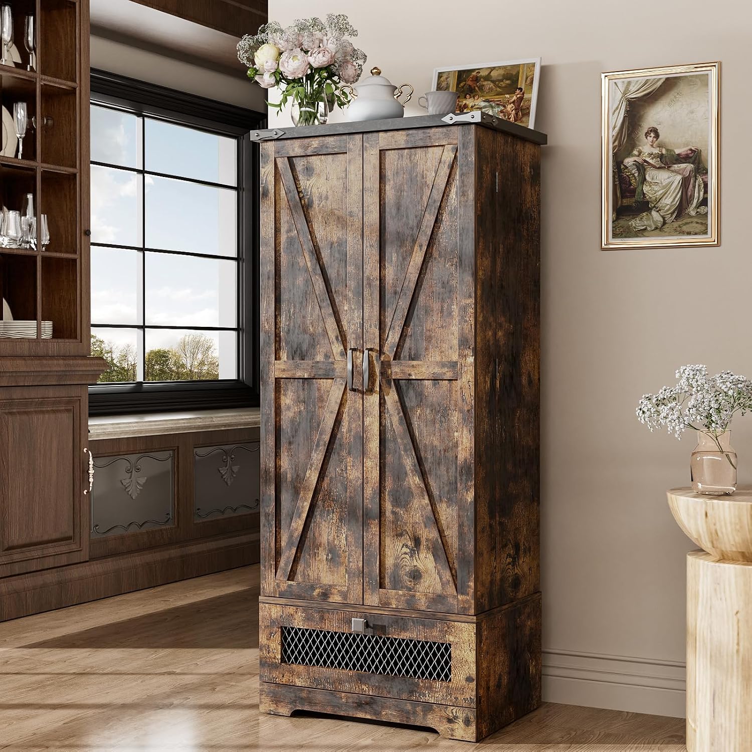 kepptory Pantry Cabinet with Adjustable Shelves and Drawer, Kitchen Cabinet Buffet Cupboards Storage for Home Office (Brown, 16' D x 24' W x 55' H)