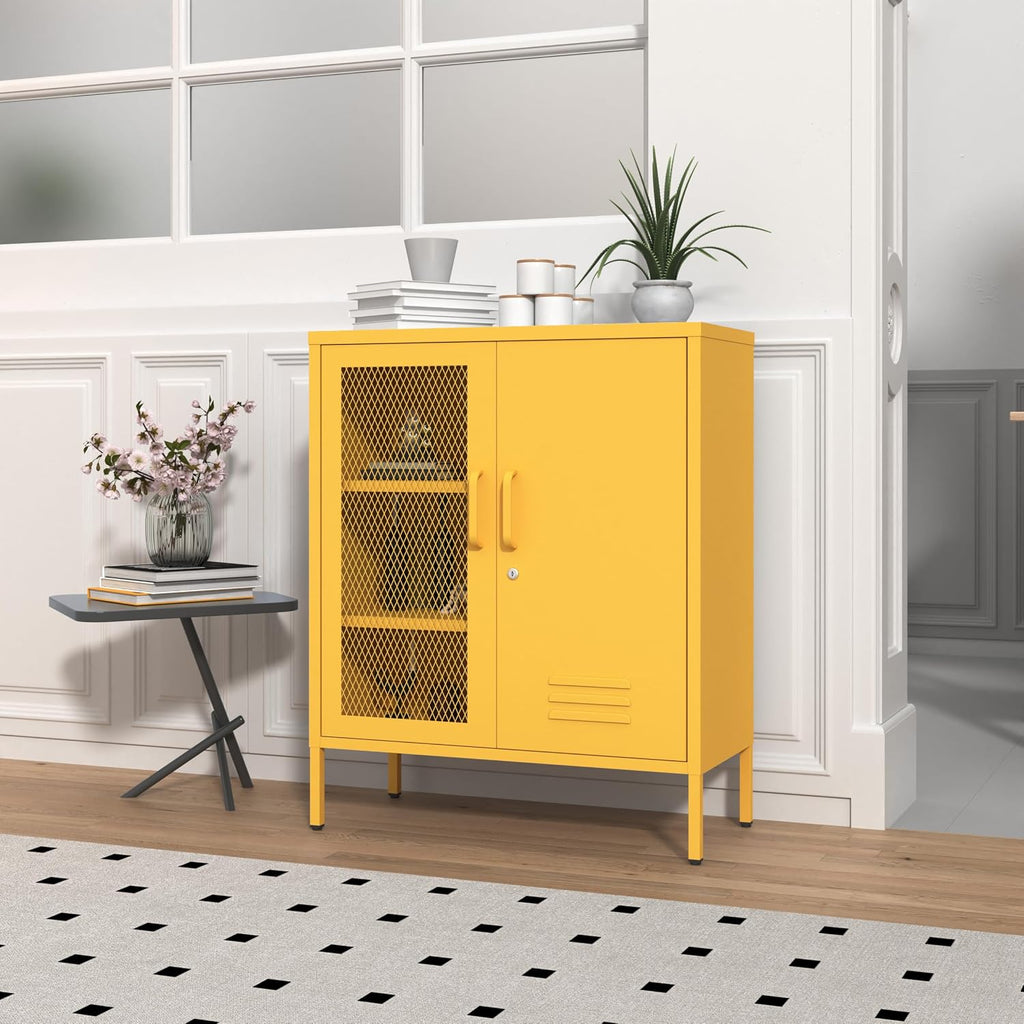 Yellow Metal Storage Cabinet with Lock 3-Tier Freestanding Locker Organizer with Mesh Ventilated Door Multipurpose Accent Cabinet Locker Adjustable legs For Hallway, Living Room, Entryway, Home Office