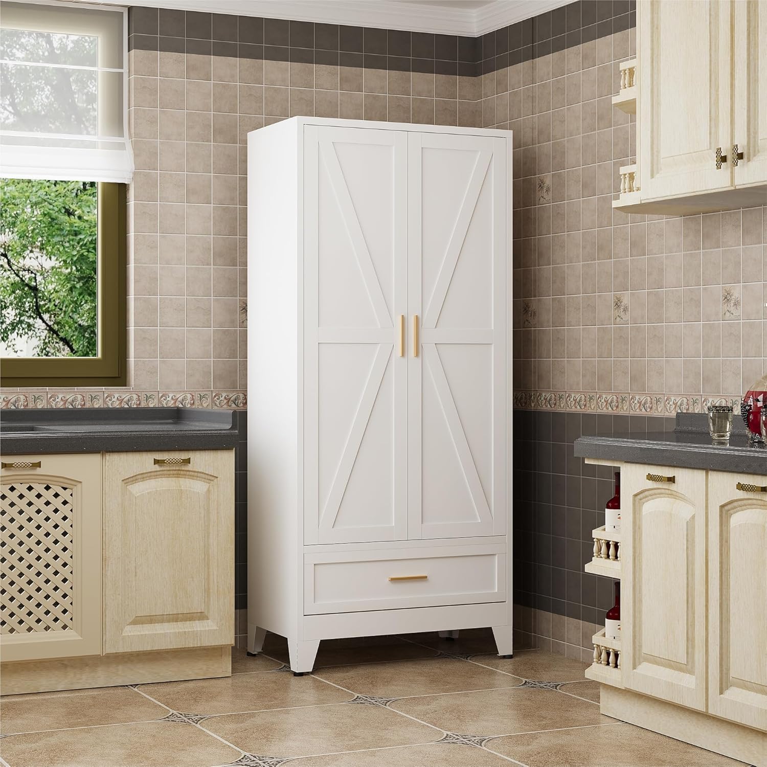 QINPTWUT 71' Storage Cabinet with Bottom Drawer, Pantry Cabinet in White with 2 Doors & 4 Adjustable Shelves, Freestanding Steel Cupboard for Garage, Home Office, Kitchen, Heavy-Duty Storage