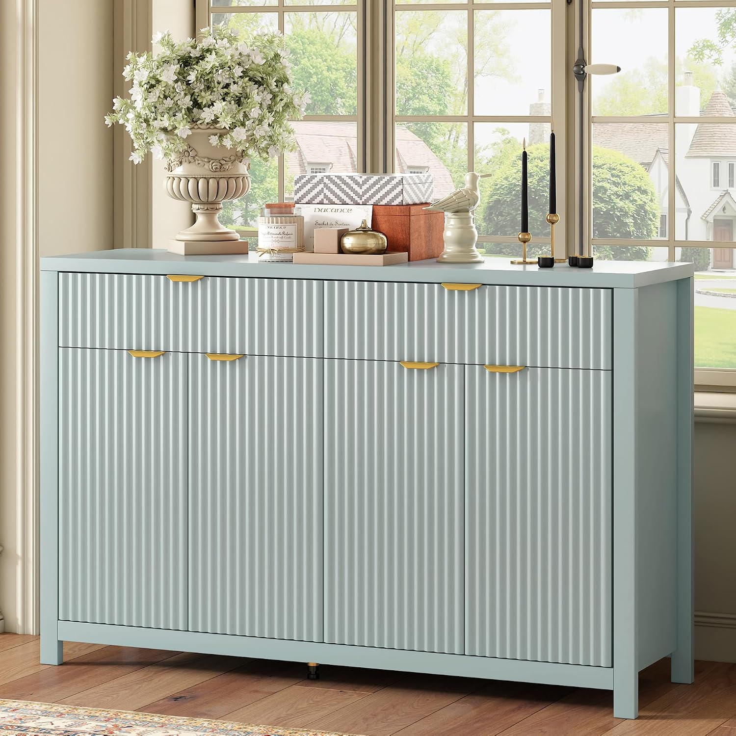 Virubi 55' Fluted Sideboard Buffet Cabinet with Storage Drawers,Doors,Adjustable Shelves and Gold Handles,Wood Modern Sideboard Accent Cabinet for Living Room,Hallway,Entryway (Cyan Green)