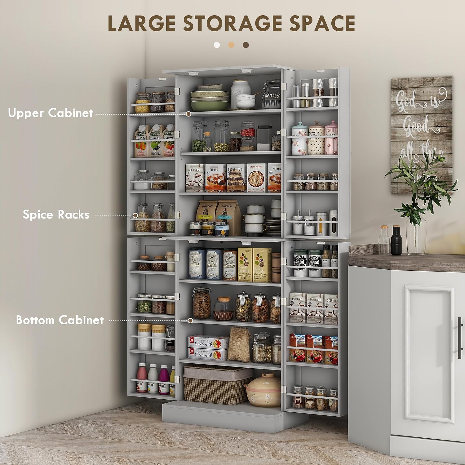 HOMCOM 65' Kitchen Pantry Storage Cabinet, Freestanding Kitchen Cabinet with 16 Door Shelves, Double Doors, 8-Tier Shelving and Adjustable Shelves, Gray