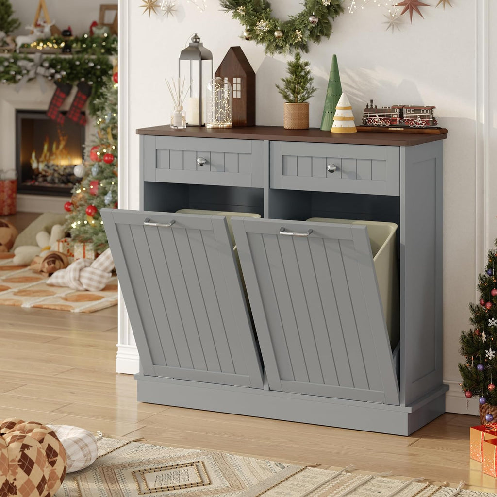 KIGOTY Double Tilt Out Trash Can Cabinet, 20 Gallon Hidden Trash Storage Cabinet with 2 Hideaway Drawers, Freestanding Trash Can for Kitchen, Wooden Laundry Hamper Cabinet, Pet Proof (Grey)