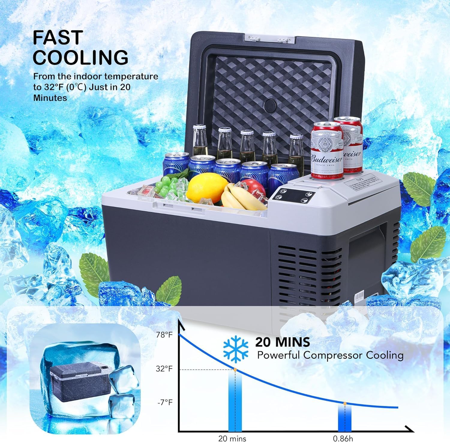 12 Volt Refrigerator, 21 Quart Portable Refrigerator -7.6℉ to 50℉, 21 QT(20L) RV Freezer, Car Fridge with 12/24V DC and 110-240V AC, Portable Freezer RV Car Cooler for Camping Travel Outdoor and Home