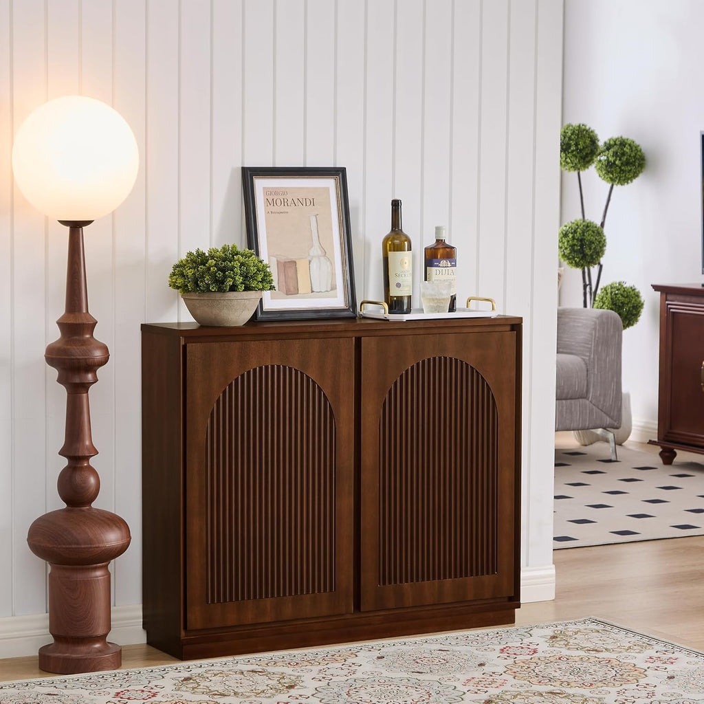 LKTART 39' Sideboard Buffet Cabinet,Narrow Credenza Storage for Entryway | Single Modular Storage Cabinet;Walnut Wood Credenza Storage Cabinet;Mid Century Modern Thin Entryway Cabinet for Living Room