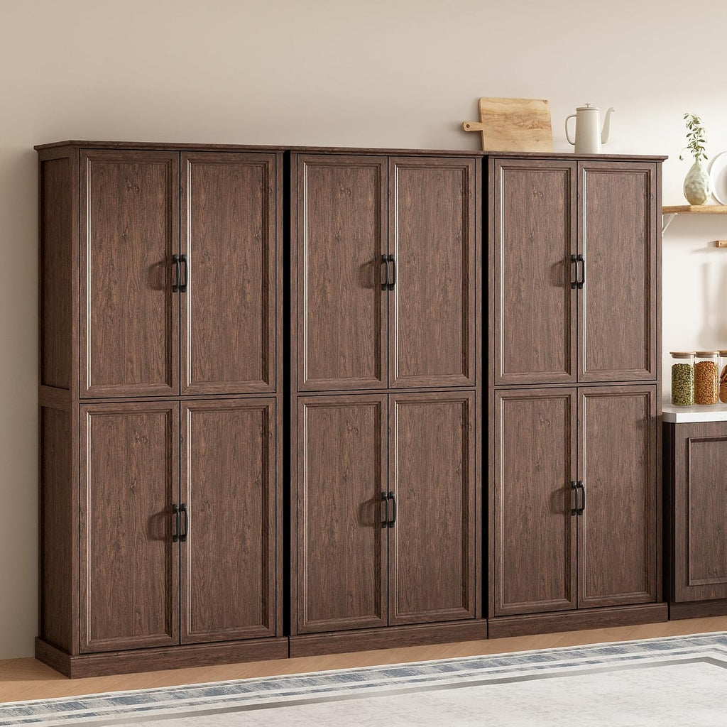 Tradare 71'' Tall Pantry Cabinet Set of 3, Farmhouse Kitchen Pantry Storage Cabinet with Barn Door and Adjustable Shelves, Rustic Wood Freestanding Cupboard for Kitchen, Dining Room, Brown