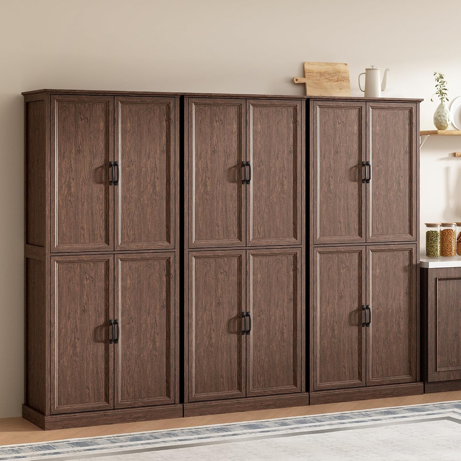 Tradare 71'' Tall Pantry Cabinet Set of 3, Farmhouse Kitchen Pantry Storage Cabinet with Barn Door and Adjustable Shelves, Rustic Wood Freestanding Cupboard for Kitchen, Dining Room, Brown