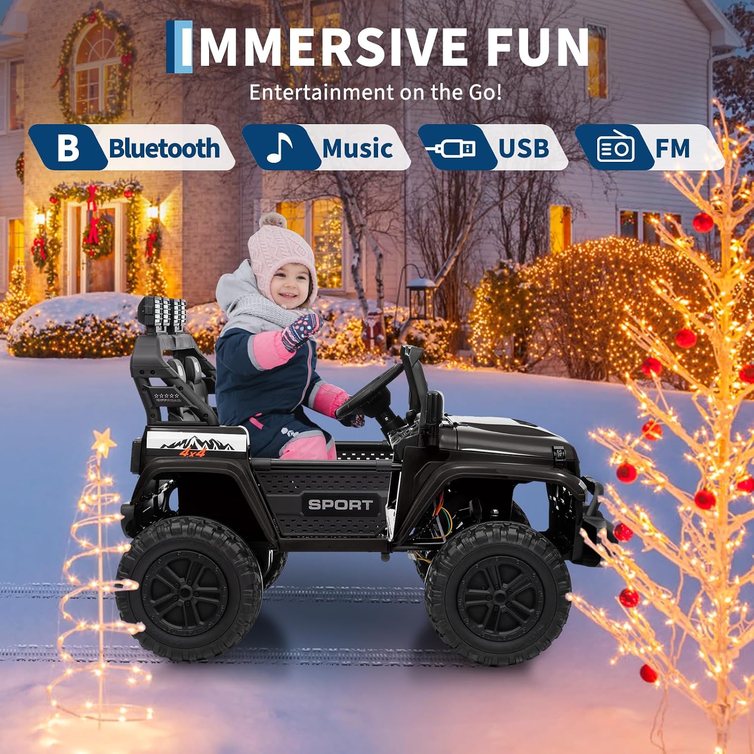 GarveeLife 24V Ride on Toys, 2 Seater Kids Ride on Truck Car, Parent Remote Control, 4WD 800w Motor, 3 Adjustable Speeds, Built-in Music Player, Kids Electric Ride on Toys with Easy Assembly, Black