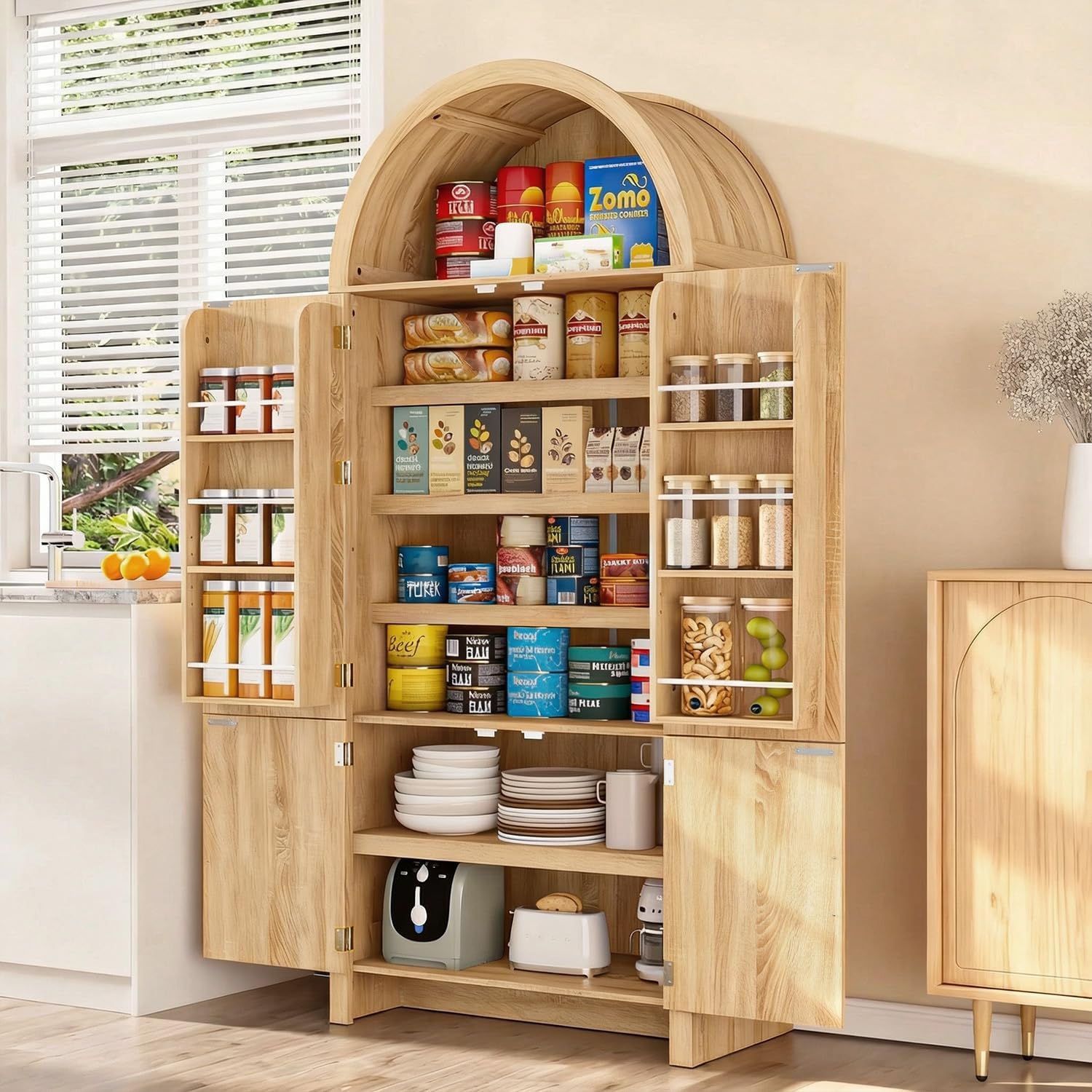 Arched Cabinet, 71' Tall Arched Kitchen Pantry Storage Cabinet with Doors, Modern Fluted Kitchen Storage Cabinet with Adjustable Shelves, Natural Cupboard for Kitchen, Dining Room, Bathroom