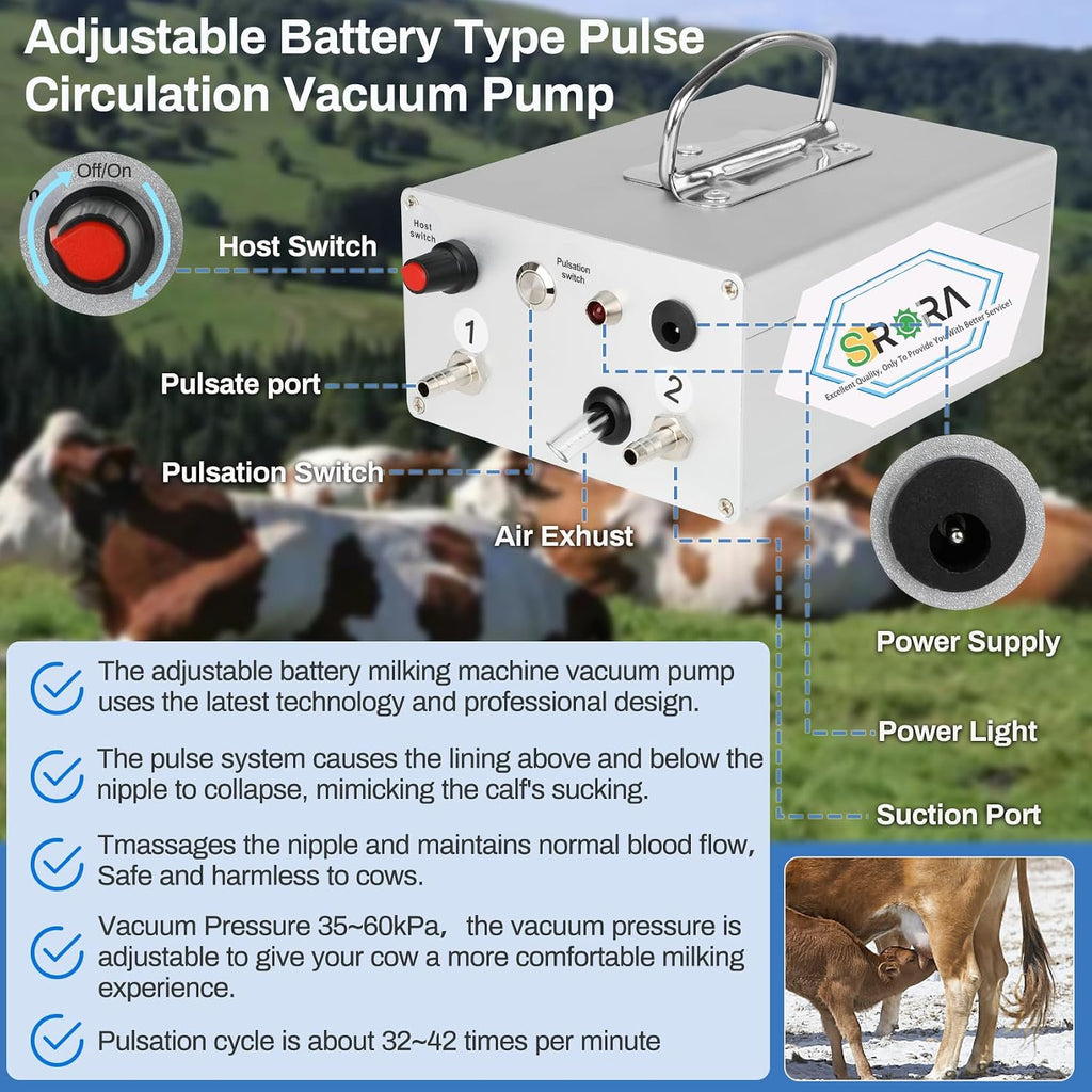5L Cow Milking Machine, Rechargeable Battery Adjustable Pulse Vacuum Electric Cow Milking Machine,Portable Milking Machine,Individual Pulsation Adjustment, Udder Protection