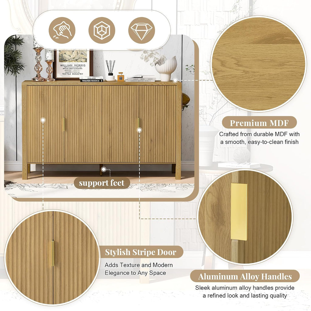 Virubi 57.5' Sideboard Buffet Cabinet with Storage,Wooden Sideboard Cabinet with Back-of-Door Storage Racks & Side Hooks,Adjustable Shelves for Living Room,Dining Room,Natural