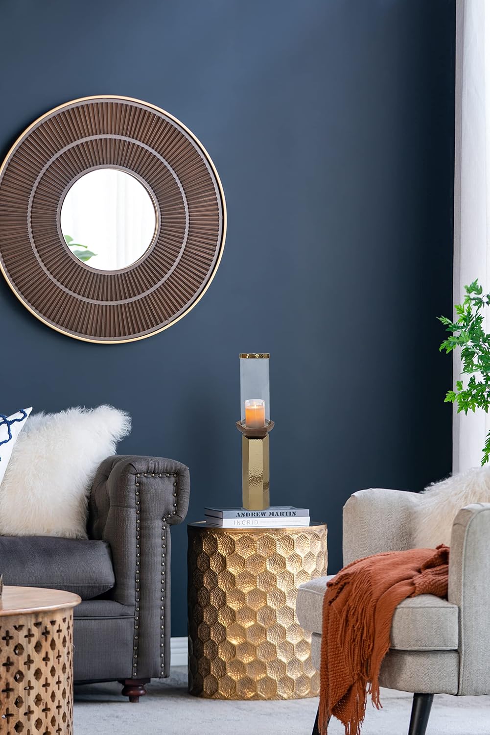 A&B Home Hammered Gold Candle Holder- Aluminum Candle Holder with Hurricane Glass, Decorative Tabletop Lighting, Living Room Coffee Table Accent Piece Dining Table Centerpiece, 5' x 5' x 21'